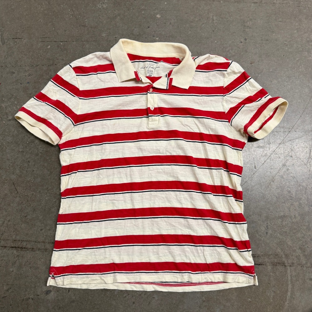 HM‎ LOGG Mens Large Red Cream Striped Polo Shirt Short Sleeve Slub Knit 2696